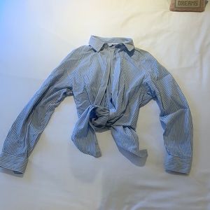 Blue and white striped cropped button down